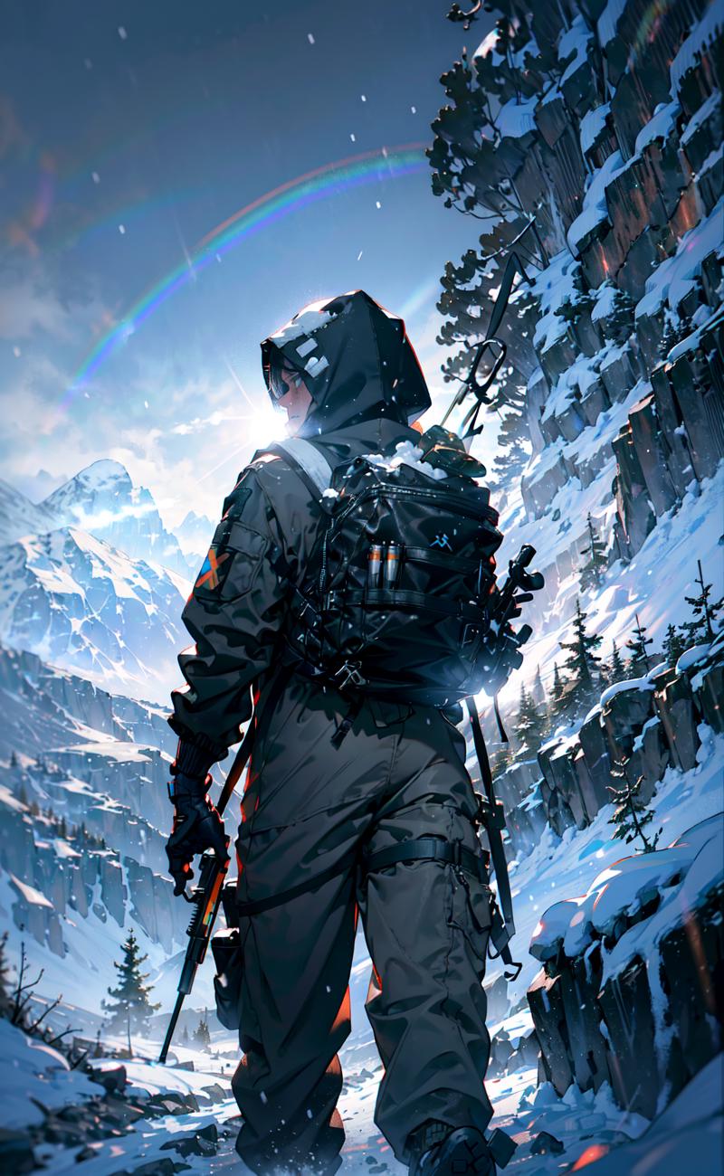 86618-117819001-realistic photograph of Norman Reedus hiking through the mountains, Death Stranding, close-up, hood up, bulky jumpsuit, backpack.png